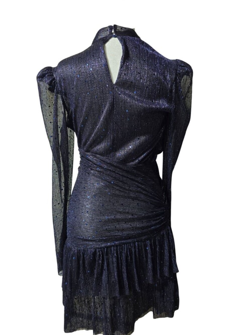 Sabina Musayev Brenda Ruched Tiered Long Sleeve Metallic Jersey Sequin Mini, S - Picture 6 of 9